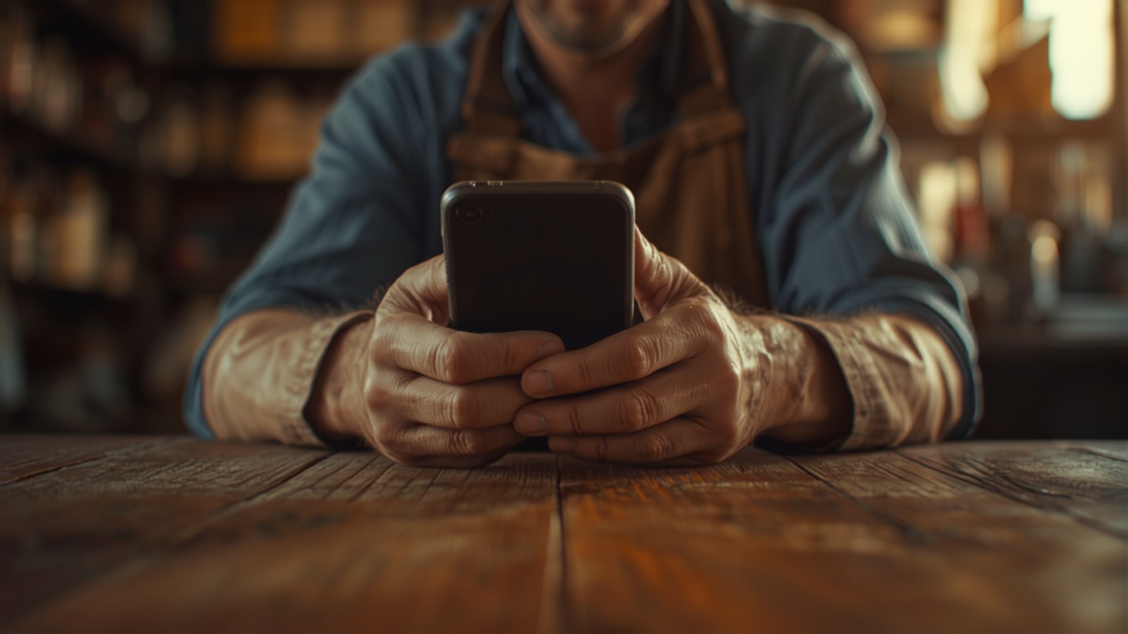 Shop owner leaning on a wooden service counter holding a smartphone, store shelves blurred behind