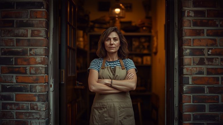 Shopkeeper in an apron standing in the doorway of a small brick storefront in the morning