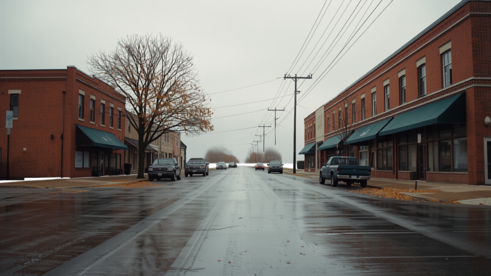 A quiet Midwestern main street of brick storefronts with wet pavement and parked pickup trucks