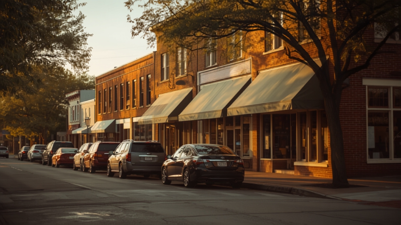 Brick storefronts on a small-town main street at golden hour