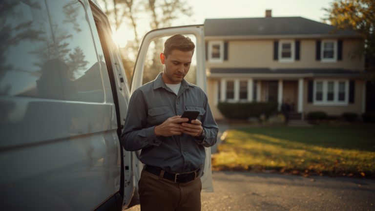 Service technician beside a work van in a driveway typing on a smartphone after a job