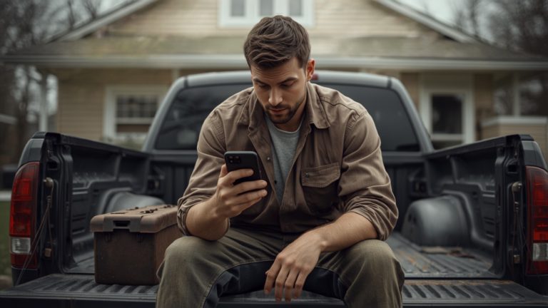 Tradesman sitting on the open tailgate of a pickup truck outside a house looking at his phone