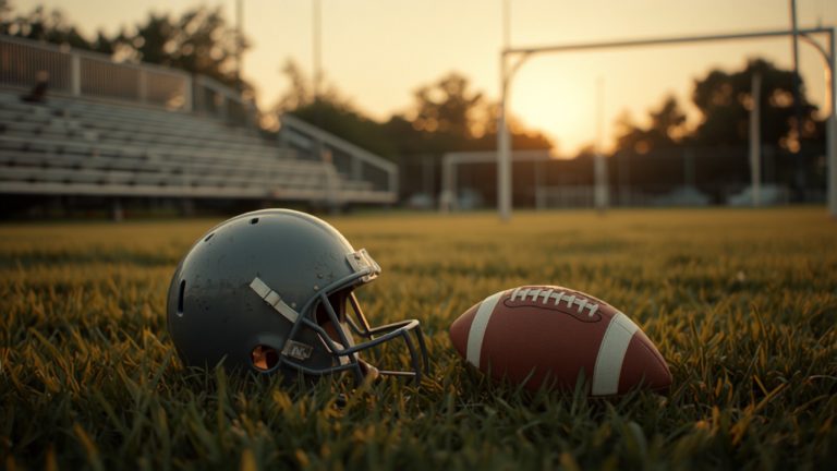 A plain football helmet and a football resting on a grass field at golden hour with bleachers behind