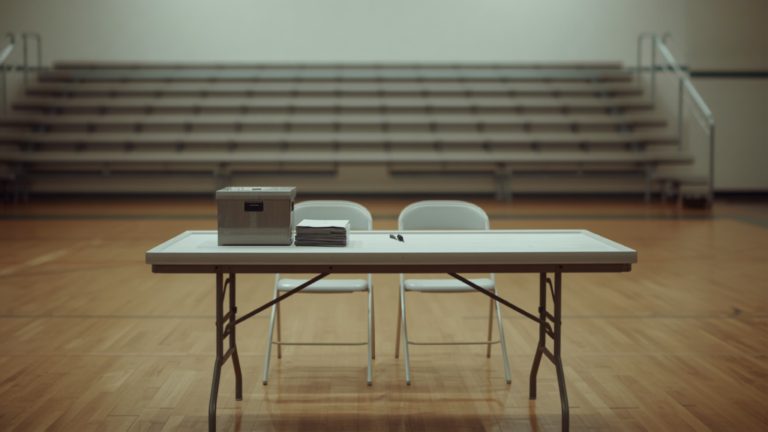 A folding table with blank forms and empty chairs in a school gymnasium