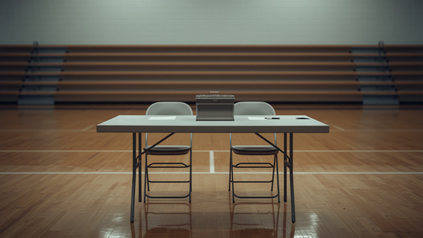 A folding table set up for registration in front of folded bleachers