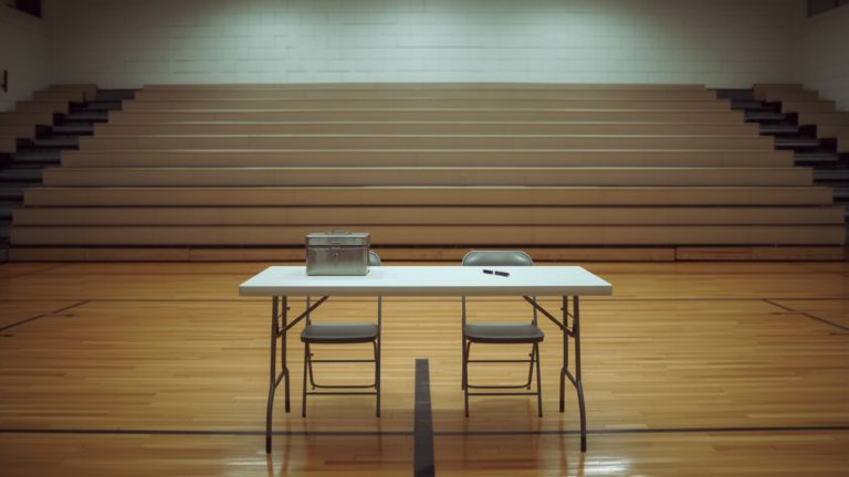 An empty folding table and chairs on a gymnasium floor