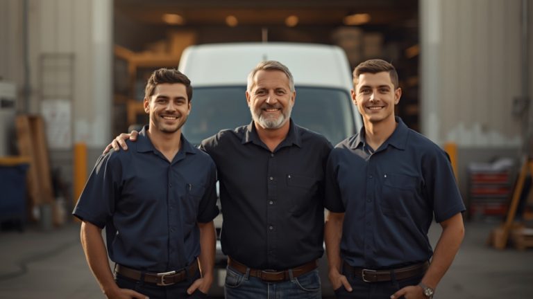Small business owner and two crew members in matching navy shirts smiling in front of a plain white work van
