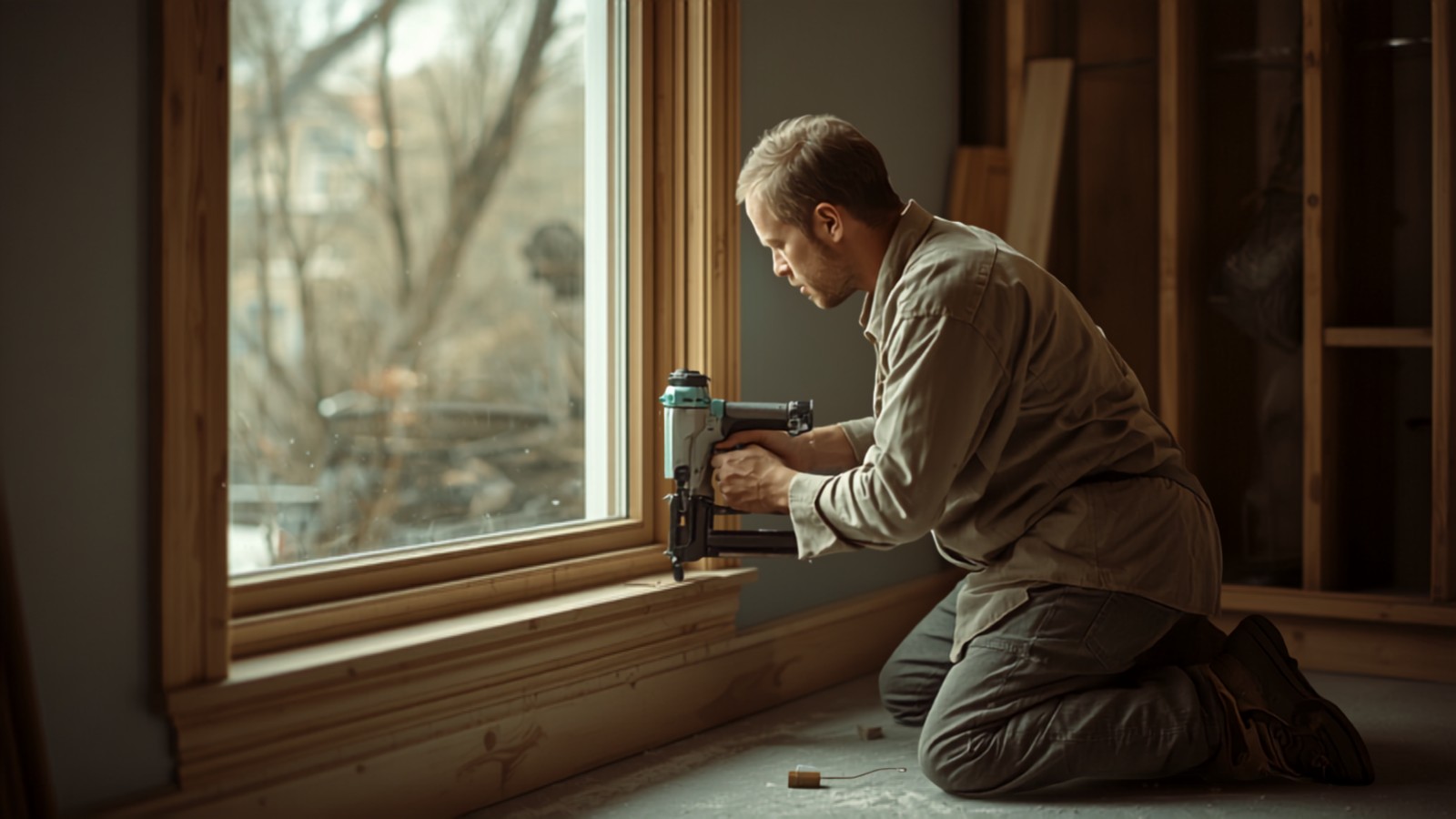 Carpenter kneeling with a nail gun, installing wood trim around a window inside a home under renovation