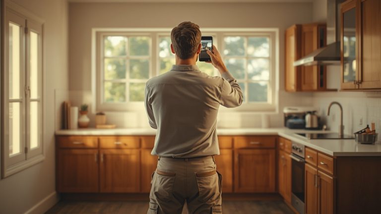 Contractor in plain workwear holding up a smartphone to photograph a finished kitchen renovation in natural light