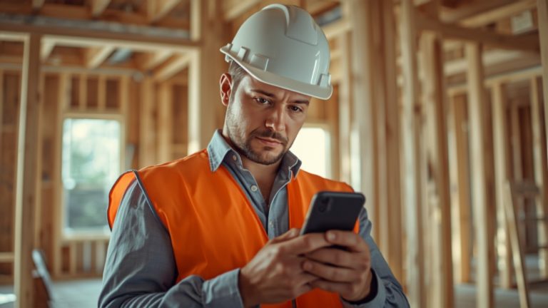 Contractor pausing on a job site to read a review on his phone