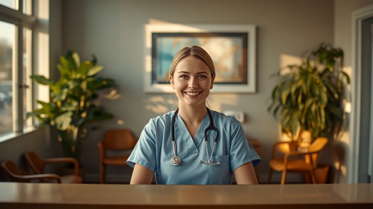 Receptionist in scrubs at the front desk of a small dental practice, with the waiting area behind her