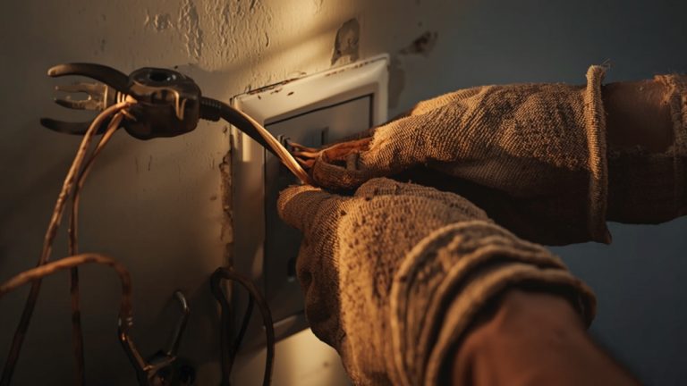 Close-up of an electrician's gloved hands wiring a wall outlet with pliers and wiring nearby
