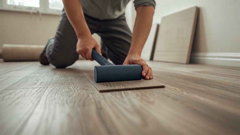 Flooring installer kneeling in a bright home, tapping a luxury vinyl plank into place with a rubber mallet