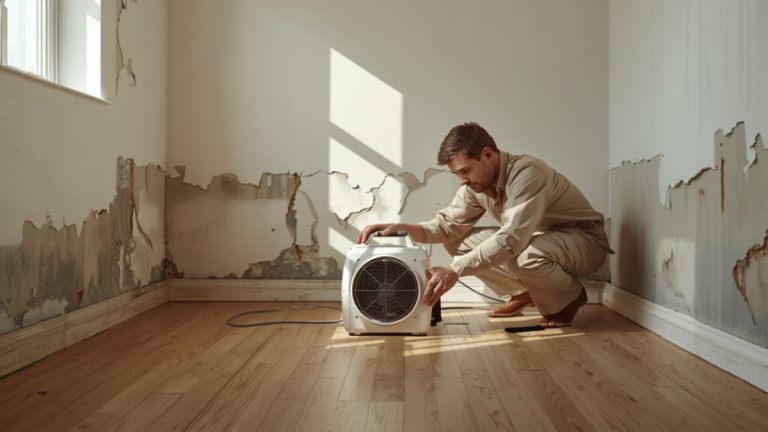 Restoration tech drying a water-damaged room &mdash; emergency work found through search