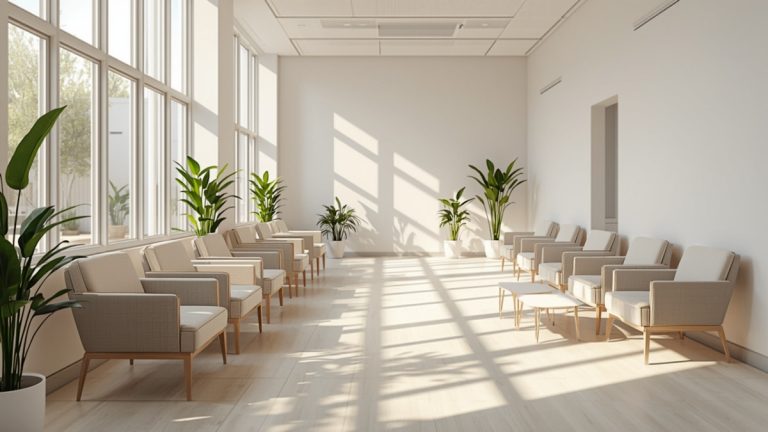 Bright modern dental office waiting room with empty chairs, green plants and large windows