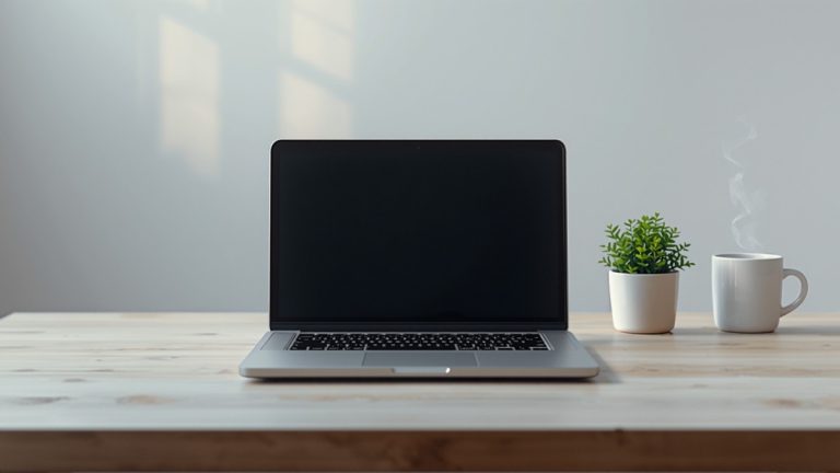 Clean modern desk with a laptop showing a dark screen, a small plant, and a coffee cup in soft daylight