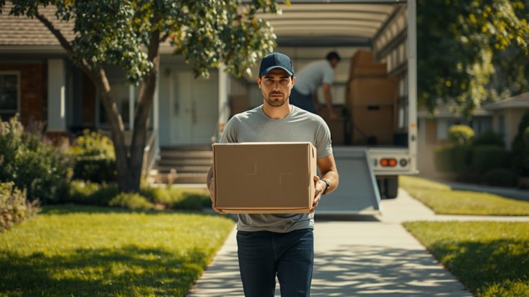Mover carrying a cardboard box down a sunny suburban walkway toward a moving truck being loaded