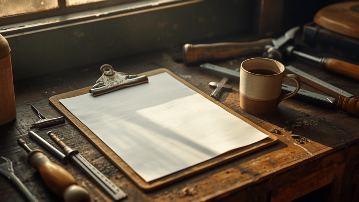 A one-page plan on a clipboard on a trades workshop desk