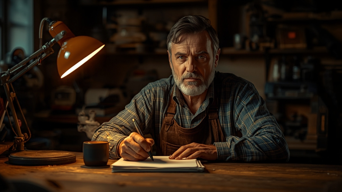 Tradesman business owner at a wooden workshop desk in warm lamp light, pen in hand, reviewing paperwork