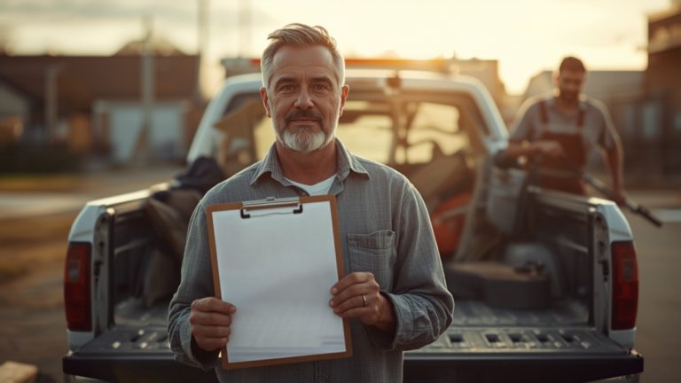 Trades business owner reviewing the day's schedule beside a work truck