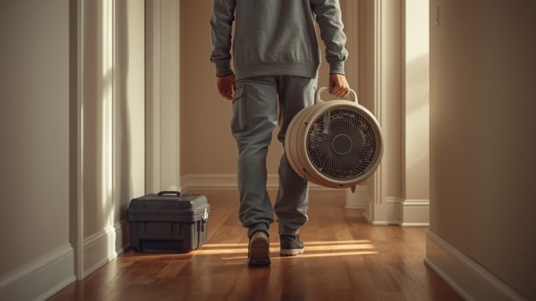 Restoration technician in plain workwear carrying an air-mover fan down a home hallway