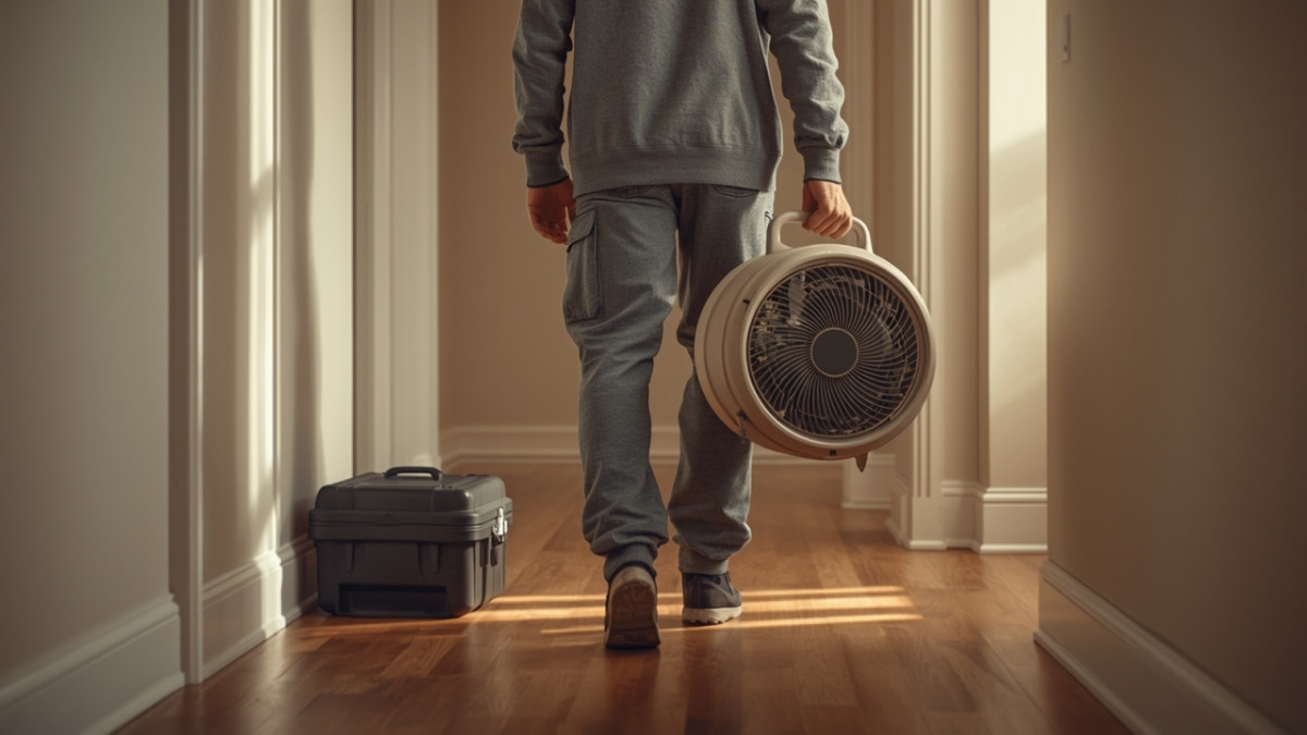 Restoration technician in plain workwear carrying an air-mover fan down a home hallway