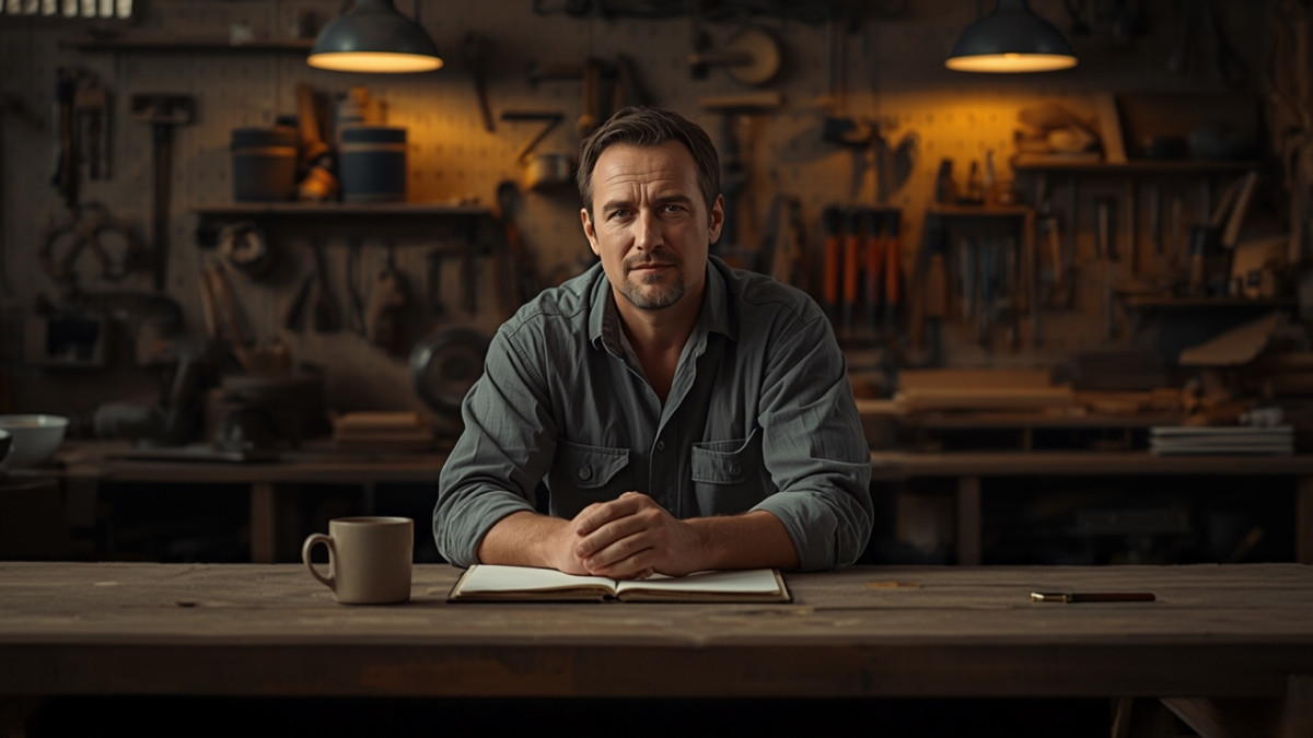 Service business owner sitting at a workbench in his shop in the evening with a notebook, pen, and mug