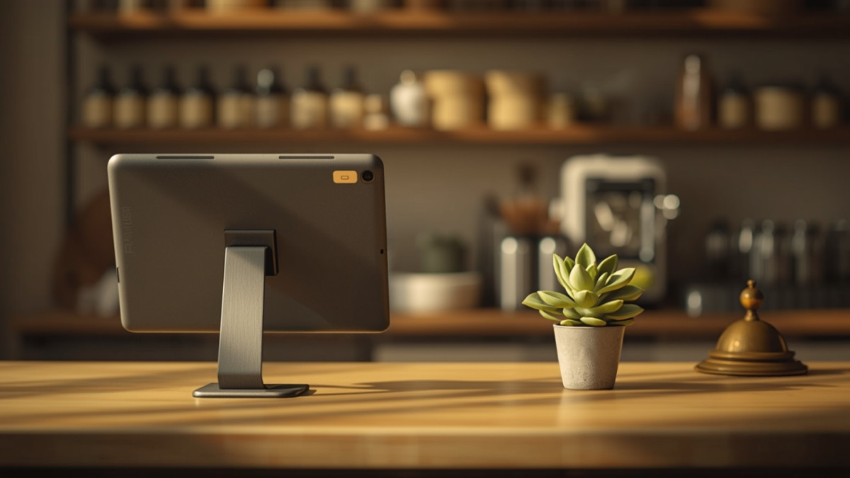 Small shop checkout counter with a check-in tablet on a stand, a succulent and a brass service bell in warm morning light