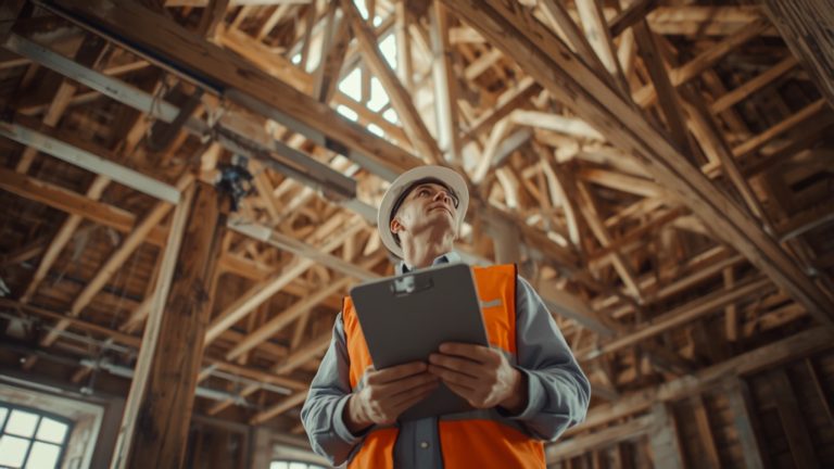 Structural engineer in a hard hat and safety vest holding a clipboard and inspecting timber roof framing inside a building under renovation