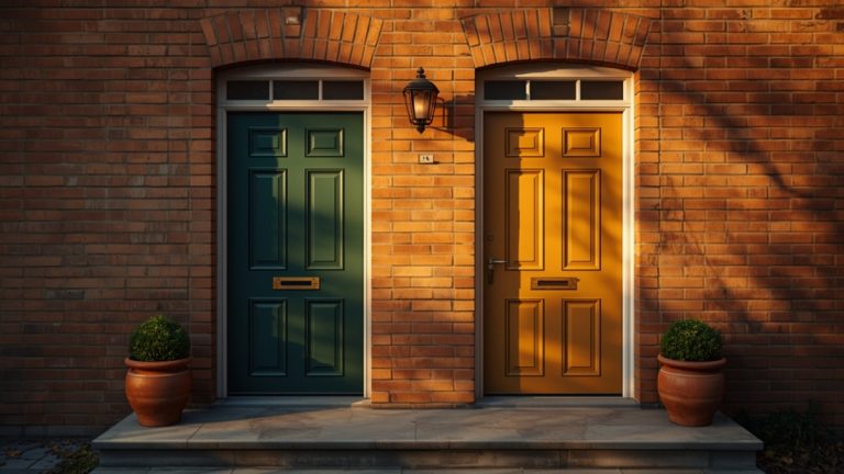Brick duplex entrance with two different painted front doors side by side, one green and one ochre, in morning light