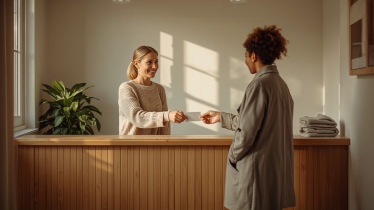 Studio staff member handing a schedule card to a client across a wooden reception desk in warm morning light