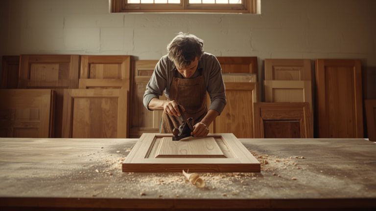 Woodworker in an apron planing a solid wood cabinet door on a workbench, with rows of unfinished cabinet doors behind