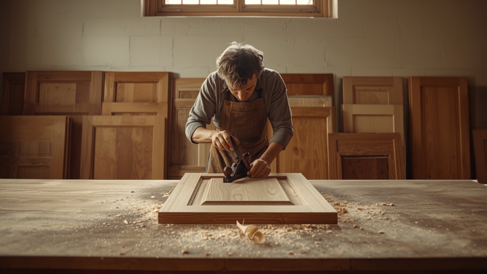 Woodworker in an apron planing a solid wood cabinet door on a workbench, with rows of unfinished cabinet doors behind