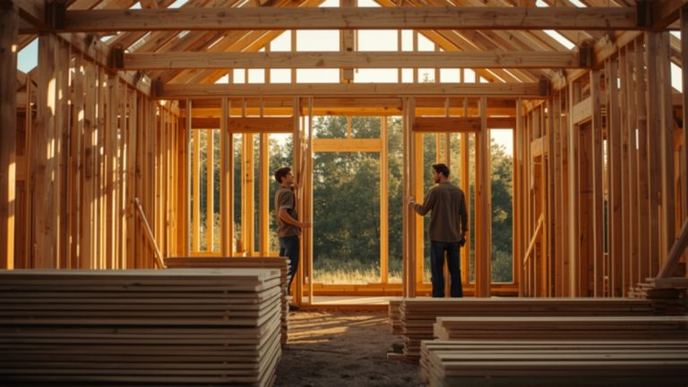 Two carpenters working inside the timber frame of a new house under construction, with stacked lumber in the foreground