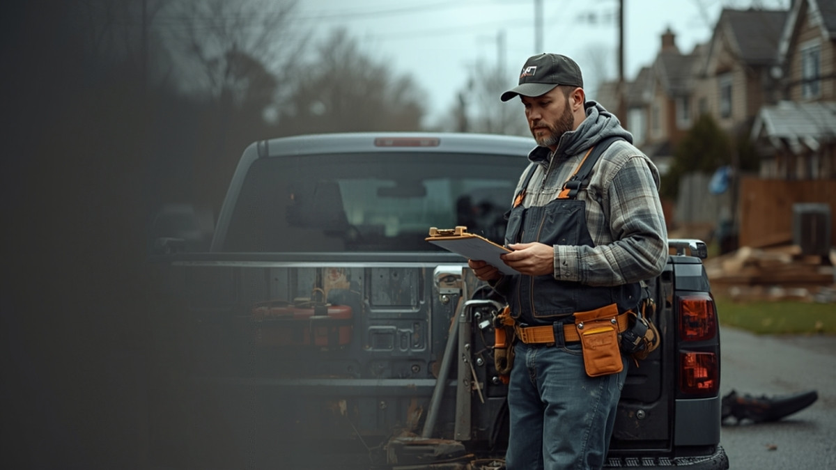 Contractor at a pickup truck tailgate reviewing a clipboard on a residential street