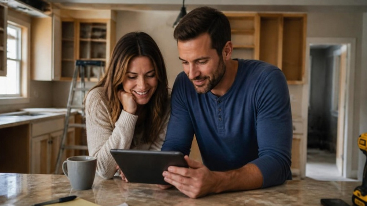 Couple at a kitchen island looking at a tablet together with a half-renovated kitchen behind them