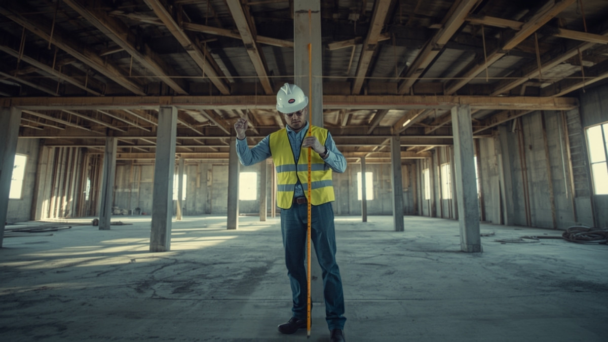 A structural engineer in a hard hat and safety vest measuring a column inside a commercial building under renovation
