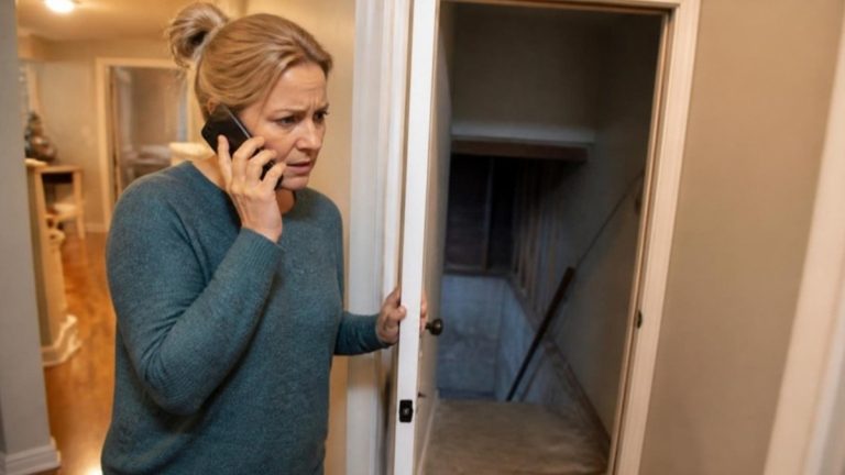 Worried homeowner holding a phone to their ear beside an open basement doorway, looking down the stairs