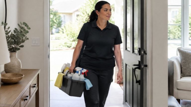 House cleaner in dark workwear carrying a caddy of supplies through a bright front doorway