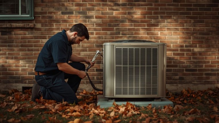 An HVAC technician kneeling beside an outdoor heat pump unit next to a brick house with autumn leaves on the ground