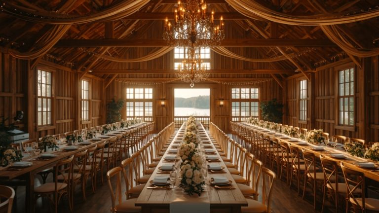 Rustic lakeside barn hall set for a wedding reception at golden hour