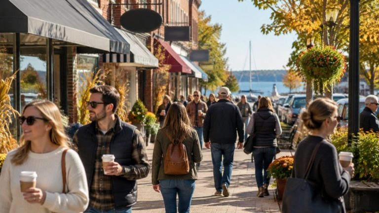 Busy small-town downtown street on a sunny autumn weekend with visitors carrying coffee past storefronts