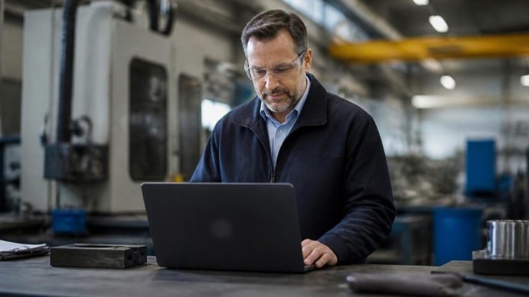 Manufacturing floor manager in safety glasses reviewing a laptop at a workbench with machinery behind