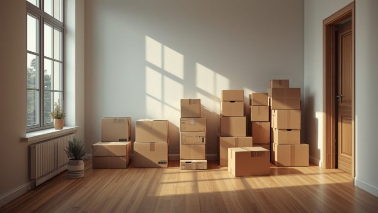 Unlabeled moving boxes stacked in a sunlit small office mid-move