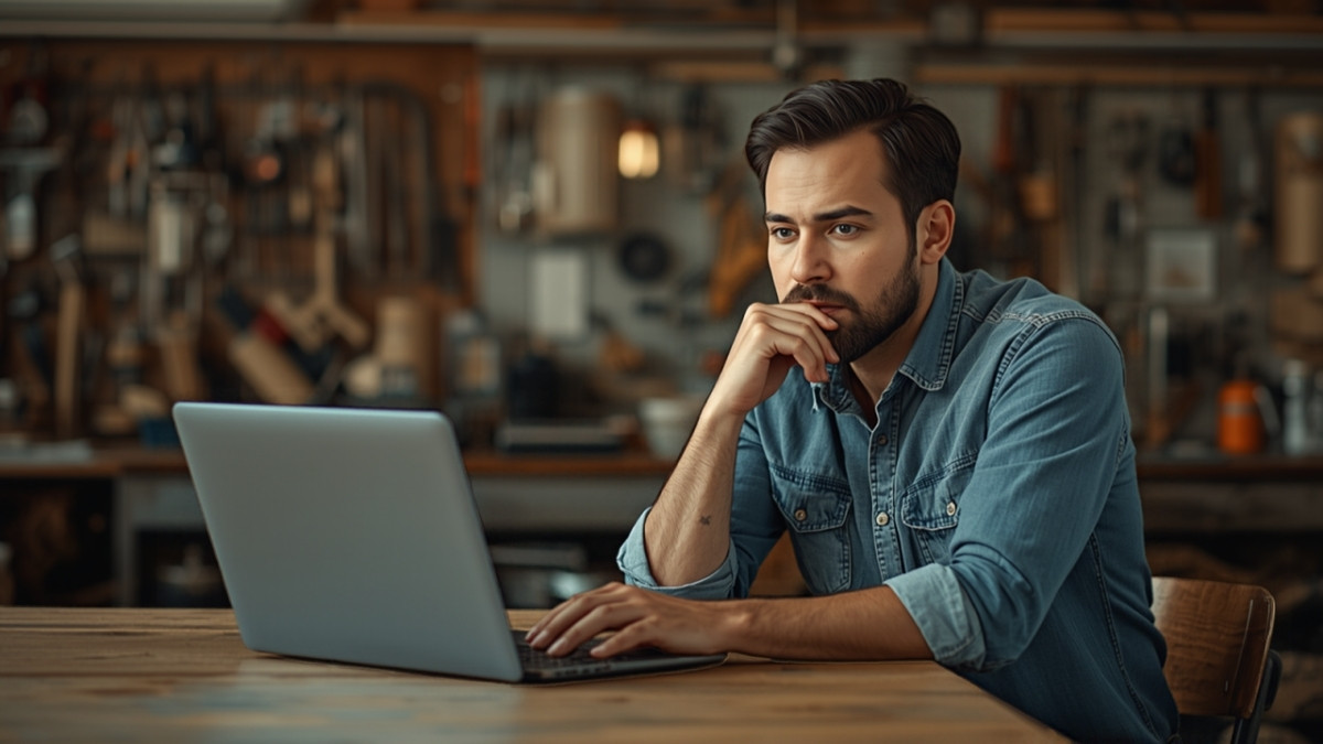 Small-business owner at a wooden shop counter thinking while comparing options on a laptop