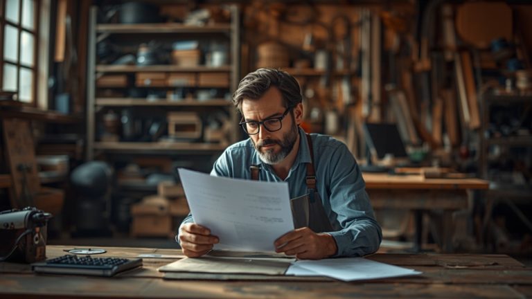 Business owner reading a long printed contract at a workshop desk beside a laptop