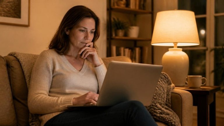 Adult woman researching on a laptop on a couch in warm evening lamp light