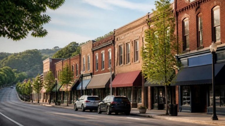 Small-town Wisconsin main street with brick storefronts, awnings, and parked cars in soft morning light