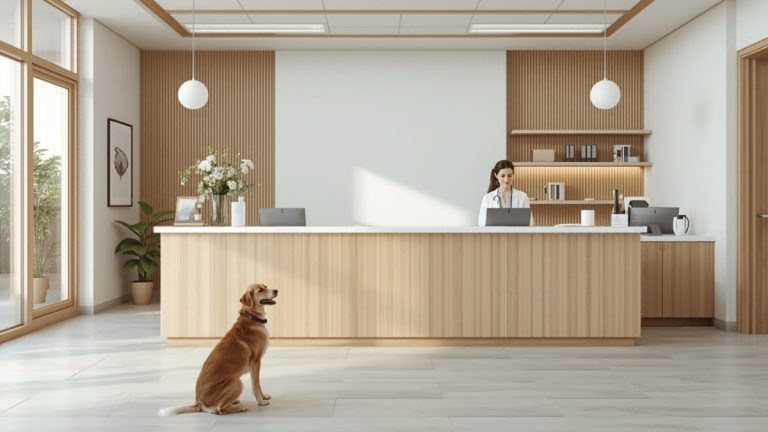 Veterinary clinic front desk with a staff member working and a dog waiting in the lobby