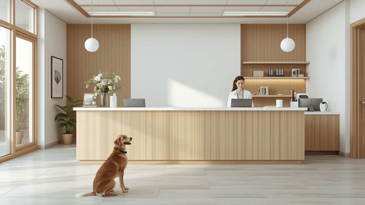 Veterinary clinic front desk with a staff member working and a dog waiting in the lobby